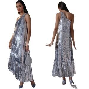 Anthropologie x Maeve One Off The Shoulder Silver Sequin Trumpet‎ Dress Size XL
